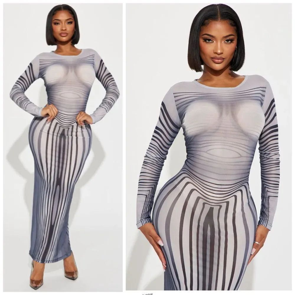 Fashion Nova Masterpiece Mesh Striped Gray and Black Sheer Maxi Dress